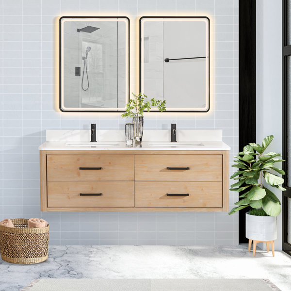 Ebern Designs Zytavious 60'' Wall Mounted Double Bathroom Vanity with Quartz Top with Mirror ...
